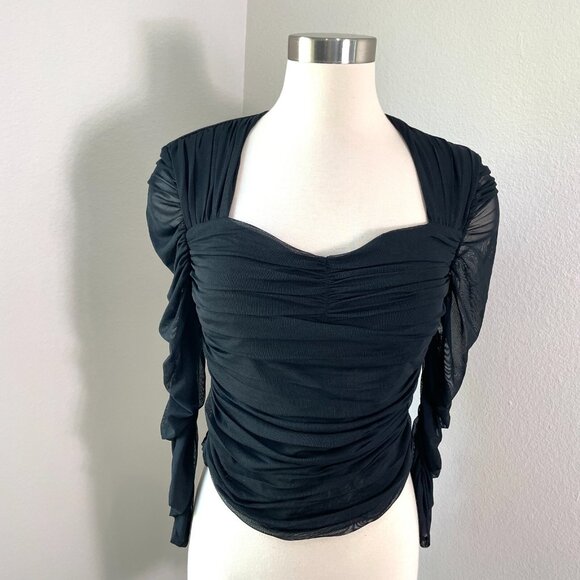 Express Tops - Express Womens Medium Body Contour Black Ruched Mesh Long Sleeve Top Blouse